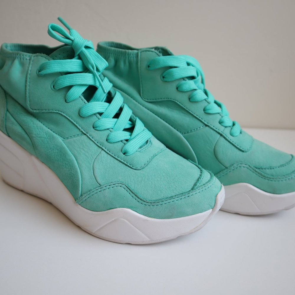 Puma Trinomic Wedge Teal Leather Sneakers, Lace Up Puma Sneakers
